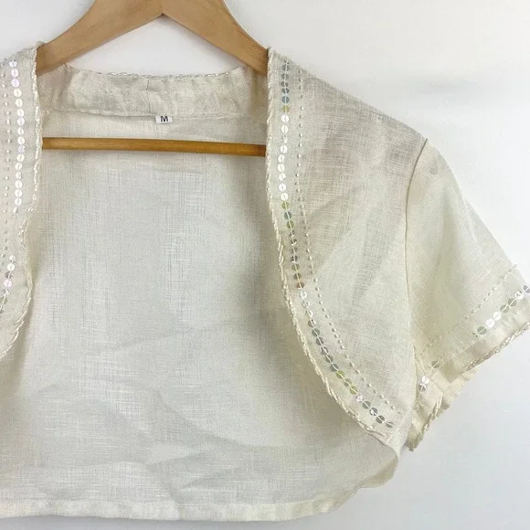 Coquette Womens M Sequin Trim Bolero Jacket Fairy Shrug Cream Angelic - Picture 8 of 9